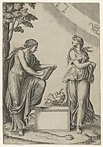 Two women of the zodiac standing beneath the signs of Libra and Scorpio by Raphael (Raffaello Sanzio or Santi)|Marcantonio Raimondi