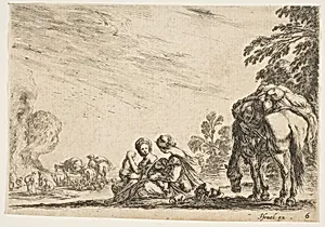 Two women, one nursing a child, seated next to a dog and a horse carrying a pack, horses and figures to left in the background, plate 6 from "Various Figures" (Agréable diversité de figures) by Stefano della Bella|Israël Henriet