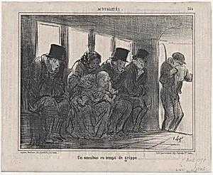 Un omnibus en temps de grippe, from Actualités, published in Le Charivari, April 7, 1858 by Aaron Martinet|Honoré Daumier|Destouches
