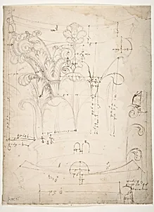 Unidentified Corinthian capital, elevation, section, and ceiling plan (recto) blank (verso) by Anonymous, French, 16th century