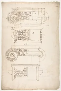 Unidentified, Ionic capitals, two front and side elevations (recto) Doric impost, elevation of entablature (verso)