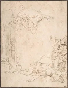 Unidentified Scene: Figures Watching a Fallen Giant and Another Figure Levitating