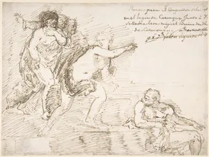 Unidentified Subject with Male Nudes at Left and Right, with a Female Nude at Center