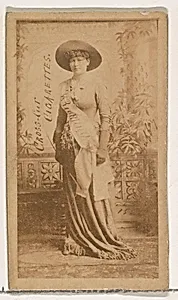 Unknown actress wearing broad white sash, from the Actors and Actresses series (N145-1) issued by Duke Sons & Co. to promote Cross Cut Cigarettes by W. Duke, Sons & Co.