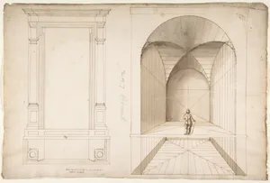 Unknown, portal or niche, plan and elevation; perspective study, interior, square chamber with cross-vault, with a scale figure (recto), blank (verso)