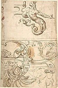 Various Designs of Strapwork and Grotesque Figures (recto); Grotesques with Term Figures (verso) by Andrés de Melgar