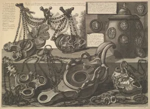 Various Lamps and a vase encusted with cameos, from Vasi, candelabri, cippi, sarcofagi, tripodi, lucerne, ed ornamenti antichi disegnati ed incisi dal Cav. Gio. Batt. Piranesi (Vases, candelabra, grave stones, sarcophagi, tripods, lamps and ornaments designed and etched by Cavaliere Giovanni Battista Piranesi)