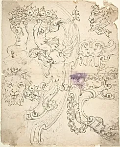 Various Sketches for Cartouches, with Satyr Heads, Putti, etc. by Anonymous, Italian, Piedmontese, 18th century
