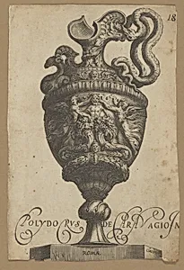 Vase with a monster at center, two cornucopias, and two flanking winged female figures by Cherubino Alberti (Zaccaria Mattia)|Polidoro da Caravaggio