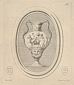 Vase with mask, a nude cup-bearing figure riding a goat followed by a satyr, and reptile handles, an oval composition by Jacques Guay|Madame la Marquise de Pompadour