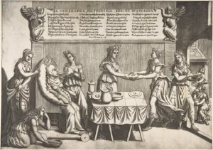 Venerable Idleness, Queen of Cockaigne; a fat woman seated on a movable toilet chair being waited on and fed by seven women