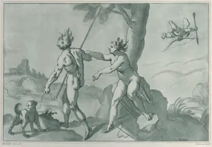 Venus and Adonis (?), nude in a landscape with a dog at left and Cupid at upper right