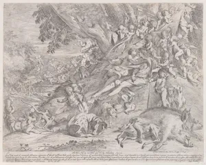 Venus and Adonis, surrounded by many putti, reclining after the hunt, with a dead boar in the lower right