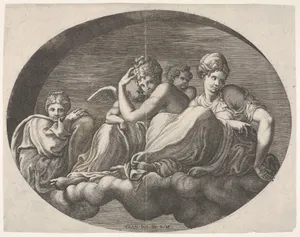 Venus and Cupid and two other goddesses seated on a cloud under an arch and accompanied by a putto, an oval composition, from a series of eight compositions after Francesco Primaticcio's designs for the ceiling of the Ulysses Gallery (destroyed 1738-39) at Fontainebleau