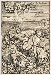 Venus and Cupid riding two sea creatures, Cupid raising an arrow with his right hand and two heads representing wind in the clouds above by Raphael (Raffaello Sanzio or Santi)|Marco Dente