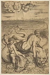 Venus and Cupid riding two sea monsters, Cupid raises an arrow in his right hand, two heads representing wind in the clouds above by Marco Dente|Antonio Salamanca|Raphael (Raffaello Sanzio or Santi)