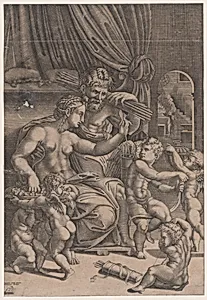 Venus and Vulcan Surrounded by Cupids by Agostino Veneziano (Agostino dei Musi)|Raphael (Raffaello Sanzio or Santi)