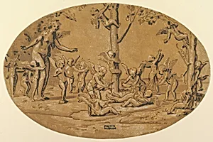 Venus at left in the company of cupids playing