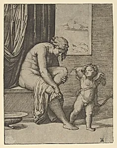 Venus drying her foot with a piece of drapery, Cupid in front of her, holding a bow in his left hand by Marcantonio Raimondi|Raphael (Raffaello Sanzio or Santi)
