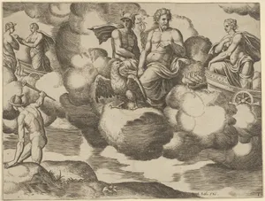Venus in her dove-drawn chariot complaining to Jupiter who is accompanied by Mercury, from 'The Fable of Psyche'
