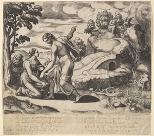 Venus ordering Psyche to take water from a fountain guarded by dragons, from "Fable of Cupid and Psyche"