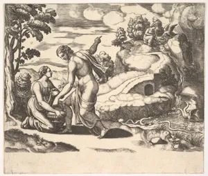 Venus ordering Psyche to take water from a fountain guarded by dragons, from 'Fable of Cupd and Psyche'