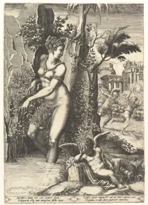 Venus pricked by the thorns on a rose bush, in the background Mars chasing Adonis, in the foreground winged cupid resting