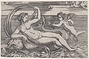 Venus Reclining on a Dolphin by Agostino Veneziano (Agostino dei Musi)|Raphael (Raffaello Sanzio or Santi)|Giulio Romano