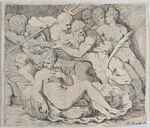 Venus, recumbent on a shell, surrounded by sea gods