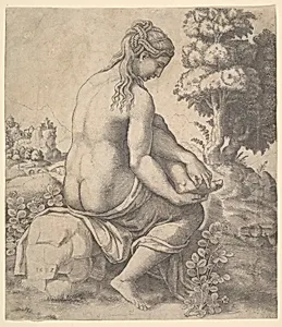 Venus removing a thorn from her foot by Master of the Die|Raphael (Raffaello Sanzio or Santi)
