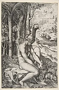 Venus removing a thorn from her left foot while seated on a cloth next to trees, a hare lower right by Marco Dente|Raphael (Raffaello Sanzio or Santi)