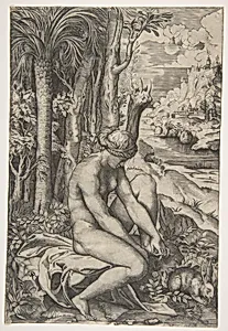 Venus removing a thorn from her left foot while seated beside trees and foliage, a hare eating grass before her by Marco Dente|Raphael (Raffaello Sanzio or Santi)