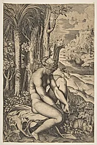 Venus removing a thorn from her left foot while seated on a cloth beside trees and foliage, a hare eating grass before her by Marco Dente|Francesco Villamena|Raphael (Raffaello Sanzio or Santi)