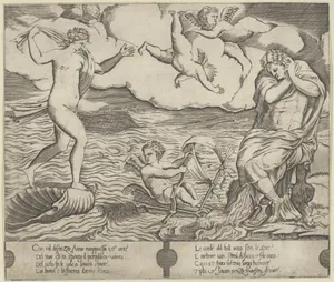 Venus riding a conch at left and cowering man (Jason) at right, Eros riding a makeshift boat holding a bow between them