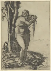 Venus wringing the water from her hair, standing at the water's edge