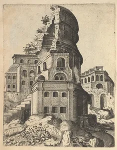 Vertical Landscape with the Ruins of the Temple of Venus and Roma, from the series 'Ruinarum variarum fabricarum delineationes pictoribus caeterisque id genus artificibus multum utiles'