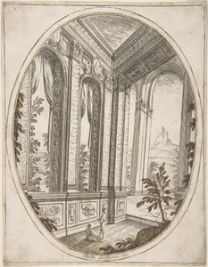 Vertical Oval Vignette of A Palace Interior with Two Figures Admiring Decoration; a Craggy Mountain Seen Through a Window in The Far Distance.