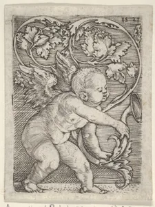 Vertical Panel with Cupid Holding the End of a Plant Sprouting Tendrils