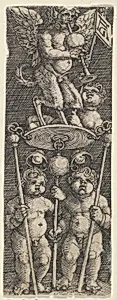 Vertical Panel with Two Children Supporting a Pedestal with a Satyr Playing a Bagpipe by Heinrich Aldegrever
