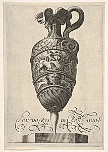 Vessel with grotesque masks, griffins, and a frieze populated by a bull and men in bas-relief (reverse copy after Cherubino Alberti, in turn after Polidoro da Caravaggio) by Anonymous|Cherubino Alberti (Zaccaria Mattia)|Polidoro da Caravaggio|Le Blond