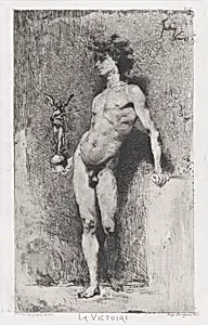 Victory: a naked youth standing facing left holding a statue of winged Victory in his right hand by Adolphe Goupil|Auguste Delâtre|Mariano Fortuny, 1838–1874