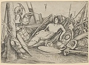 Victory reclining amid trophies