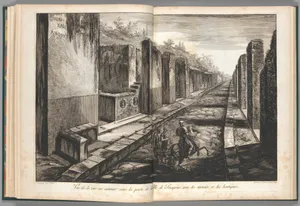 View from the street entering beneath the gateway to the city of Pompeii, with the foot paths and the shops, from "Antiquités de Pompeïa, tome premier, Antiquités de la Grande Grèce..." (Antiquities of Pompeii, volume one, Antiquities of Great Greece...), volume 1, plate 8
