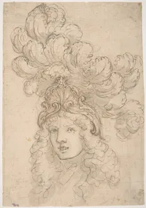 View in 3/4 of a Design for a Headpiece Decorated with a Shell and Large Plume