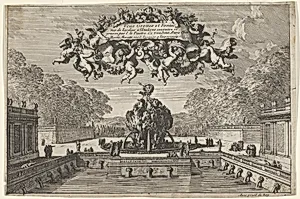 View of a Garden with a Water Basin and Large Fountain, Title Page from: Grottes et fontaines de jardins à l'italienne by Jean Le Pautre|Pierre Mariette le fils