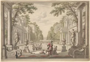 View of a Palace Garden with a Central Pond Surrounded by Classical Architecture (Tapestry or Stage Design?)