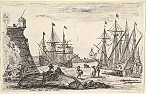 View of a part of Calais (Veue d'un coin de Calais), a man sitting on an overturned canoe on the pier in center, men cooking over a fire to left, various figures and two ships docked in the background, from 'Views of seaports' (Vues de ports de mar) by Stefano della Bella