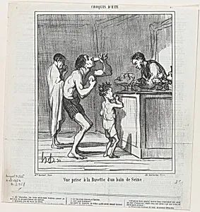 View of a refreshment stand at a bath on the Seine, from 'Summer sketches,' published in Le Charivari, August 3, 1865 by Honoré Daumier