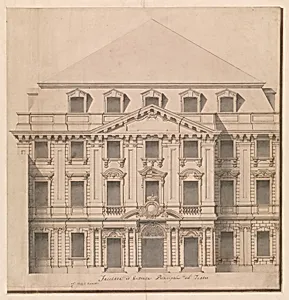 View of a Theater (Bayreuth): Exterior Elevation of the Facade; Central Portal Surmounted by Royal Crown by Giuseppe Galli Bibiena