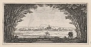 View of a town with man and dog